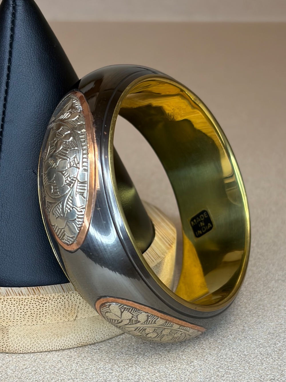 Made in India Black Enameled Silver Floral Inlay Bangle Bracelet
